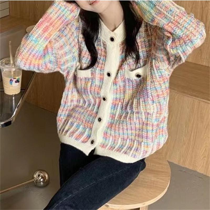 2025 Autumn New Loose Rainbow Sweater Cardigan Female Korean Version Temperament Small Fragrant Style Knitted Cardigan Jacket Female