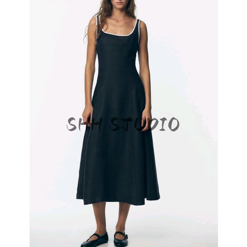 Autumn New Women Clothes Sling Contrast Color Trim Linen Blend Midi Dress 8214393 8214386