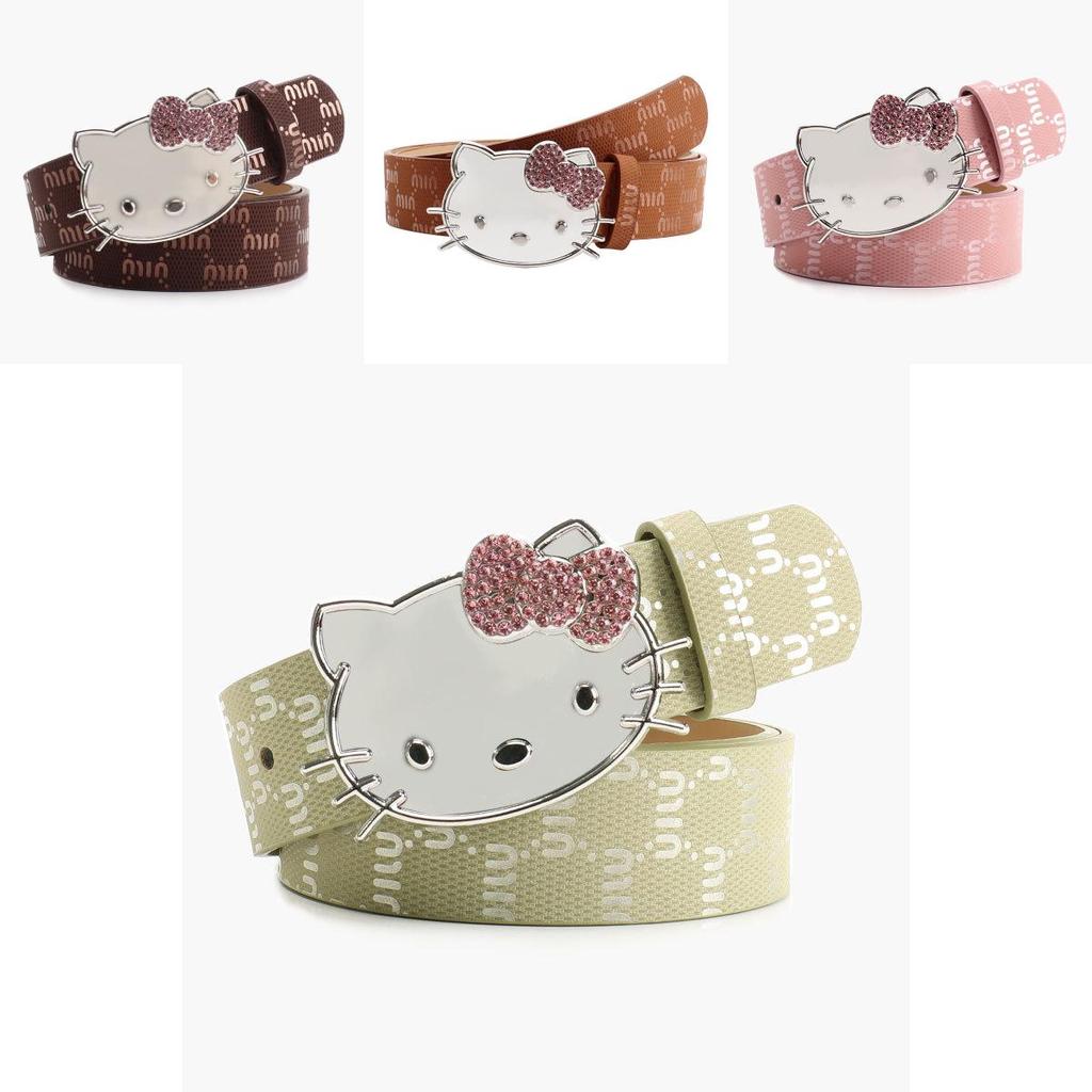 Metalowy Pasek Damski Hello Kitty z Nadrukiem Litery i Cyrkoniami do Codziennego i Eleganckiego Ubioru