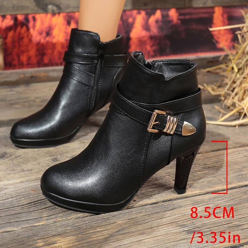 Fashion Fashion Pointed Toe Ankle Boots Women Autumn Winter Black Super High Heel Boots for Woman Buckle Detor Zipper Up Booties Ladies