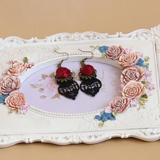 1 Pair Vintage Gothic Vampire Halloween Black Lace Red Flowers Dangle Earrings