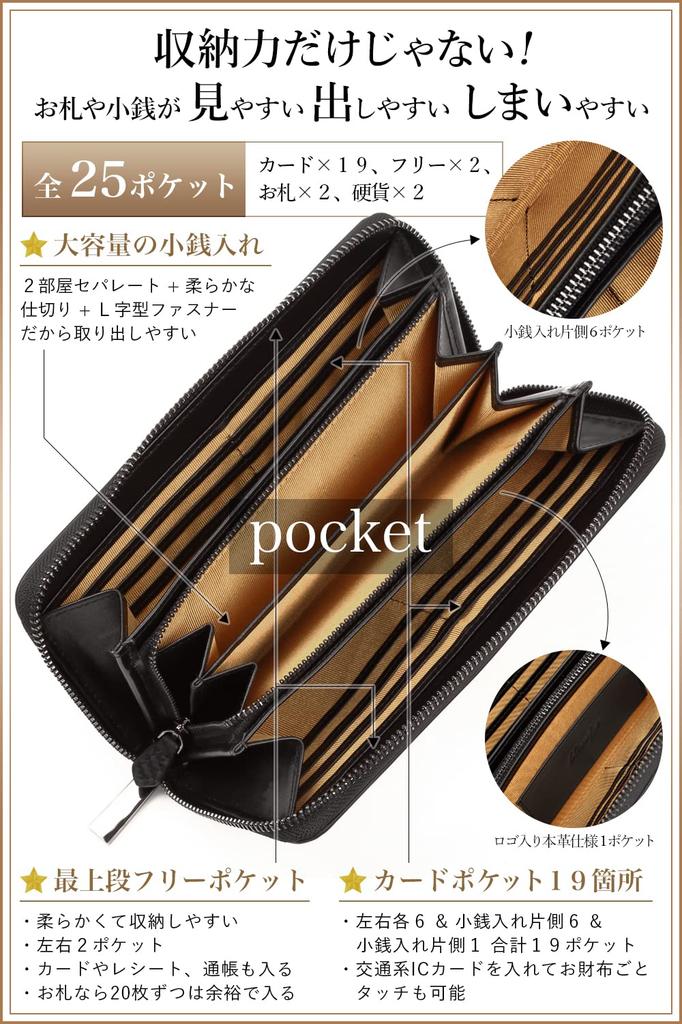 BLANZE Langes Italienisches Carbon Rundes Separates Münzfach Herren Geldbörse, Leder, YKK, Reißverschluss, (Champagner Gold)