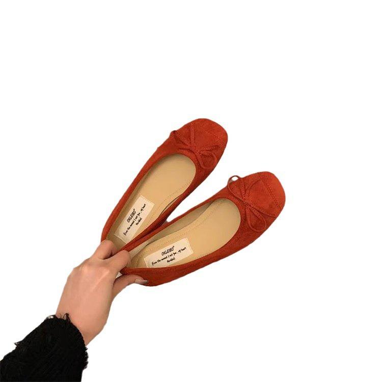 Ziyan suede mint green bow flat-soled single shoes, new round head soft sole shallow mouth grandma shoes in autumn 2025