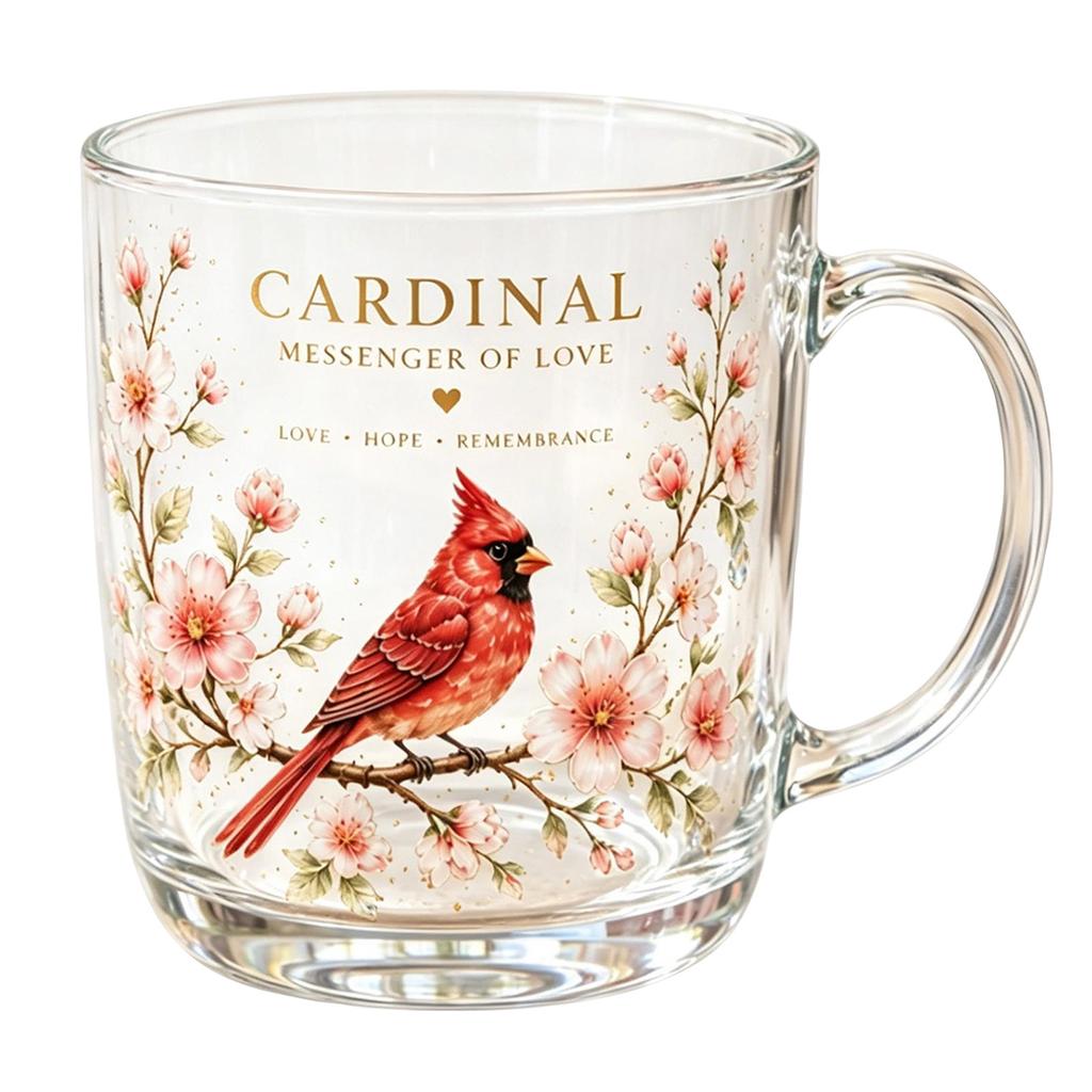 Glass Mug with Cardinal Bird Floral Design Clear Glass Coffee Cup for Hot and Cold Beverages Durable Handle and Printed Illustration