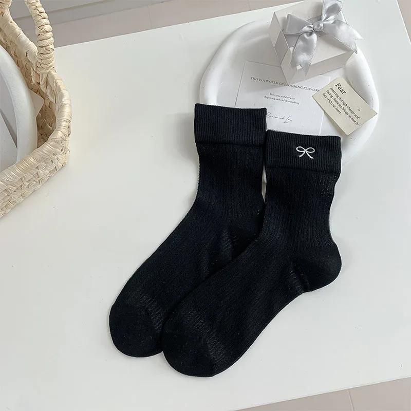 Women Socks Ballet Style Sweet Girls Black White Gray Socks Cute Bow Embroidery Hollow Out Mesh Thin Breathable Loose Long Socks