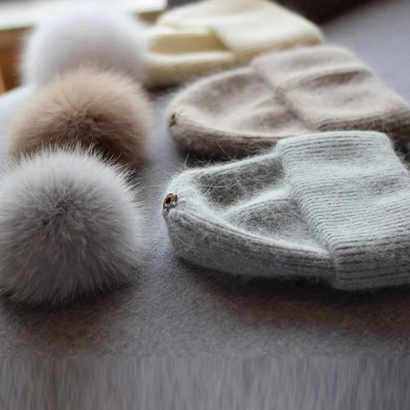 New Rabbit Fur Knitted Hats For Women Real Fox Fur Pom Poms Hat Large Pompom Outdoor Warm Skullies Beanie Winter Hat Christmas