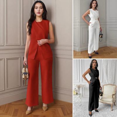 1 Set Women Tank Top Pants Suit Dressy Casual Summer Solid Color Sleeveless Shirt with Belt Wide Leg Trousers Two Piece Outfits Lounge Set