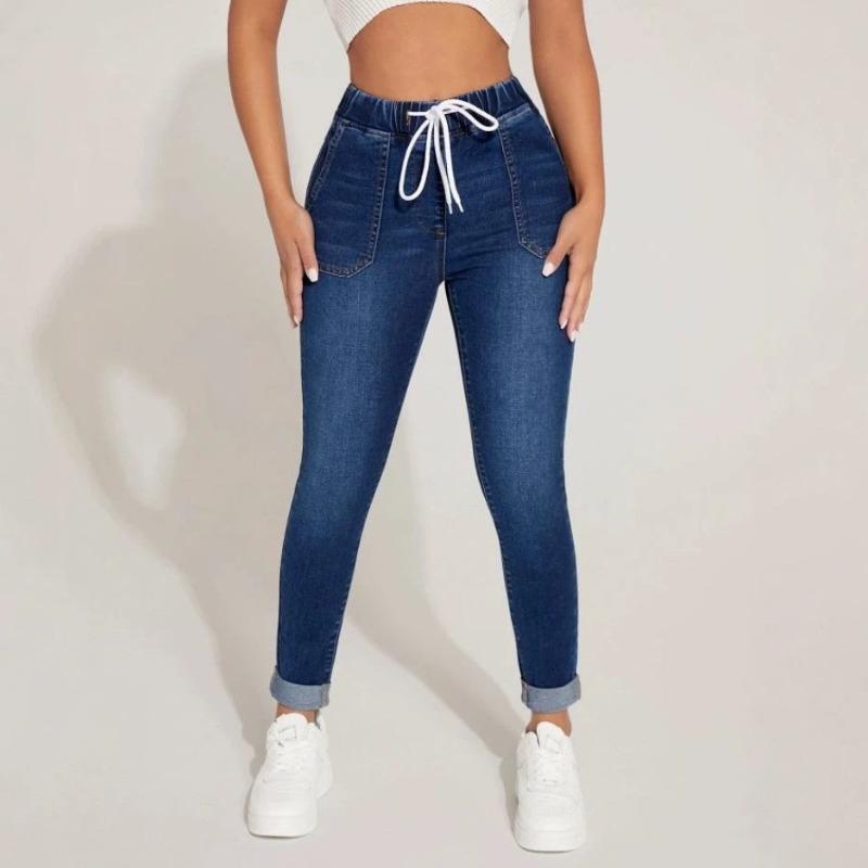 Women's nine-point jeans New drawstring elastic waist high elastic small foot jeans
