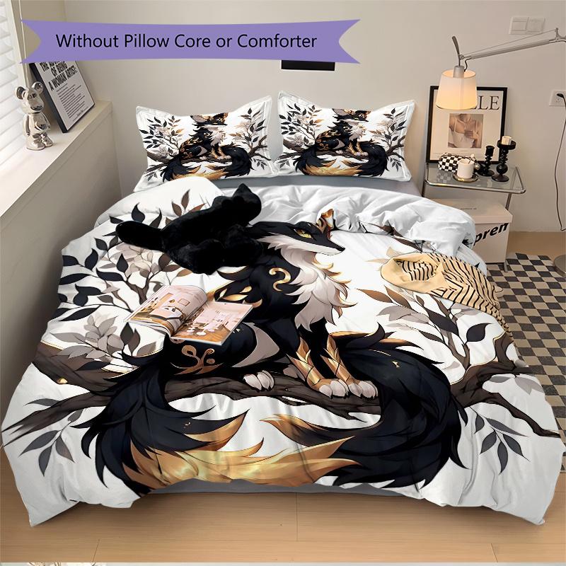 3pcs Black Cool Fox Bedding Set Includes Quilt Cover and Pillowcases, Suitable for All Seasons L006