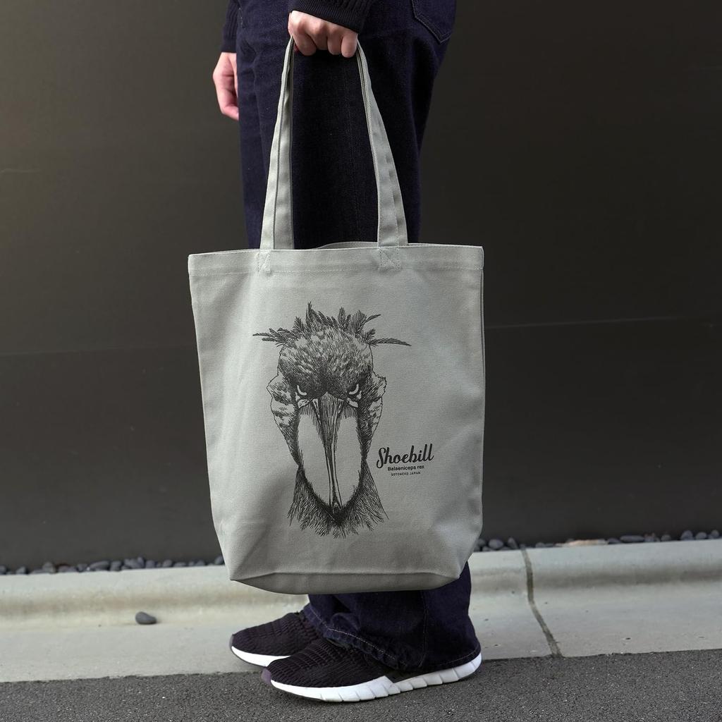 SOTONEKO JAPAN Tote Bag, Shoebill Design, Shoulder Bag, A4 Size, Vertical, Gusseted, Cotton, Men'sWomen's, Gray, Line Art Illustration