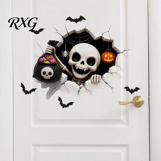 Bat Wall Stickers for Halloween Stickers, 3D Broken Effect with Ghost Skeleton Pumpkin Decals, Self-Adhesive Waterproof Decor Mural Living Room