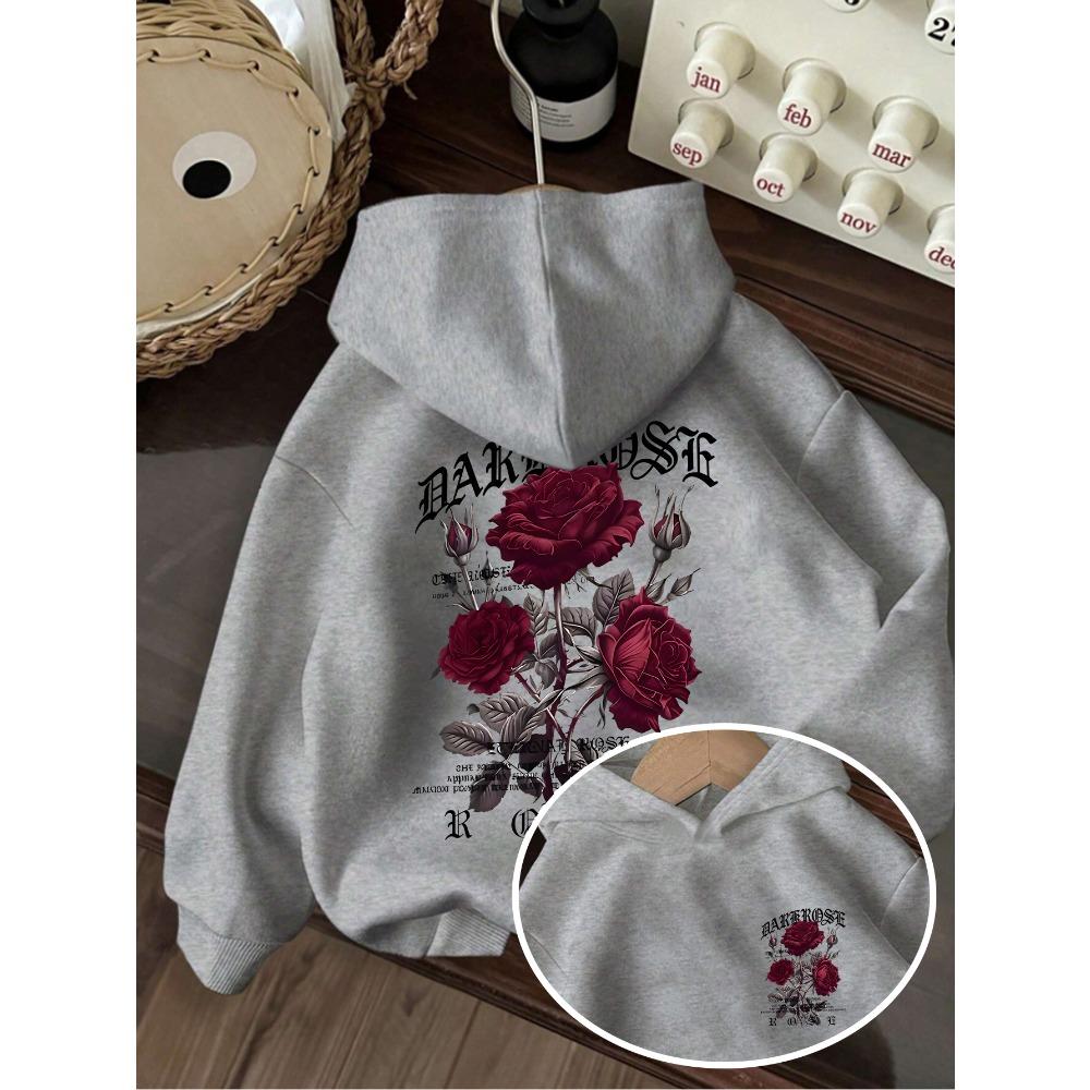 Children's Back Red Rose Flower Print Hoodie Loose Casual Long-sleeved Spring and Autumn Children's Clothing