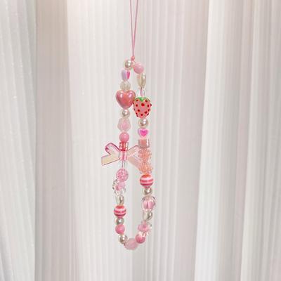 Pulsera con colgante de correa para teléfono móvil con cuentas de acrílico y fresas dulces a la moda