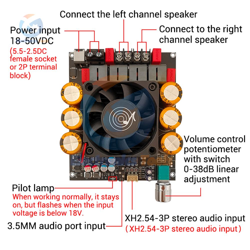ZK-6002 1200W High Power HIFI Amplifier Board 2.0 Stereo TPA3255 Dual Channel Stereo Pure Post Amp Amplifier Chip DC 18-50V