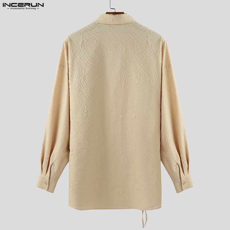 INCERUN Oversized Men Turn Down Collar Long Sleeve Side Cross Irregular Texture Shirts Tops