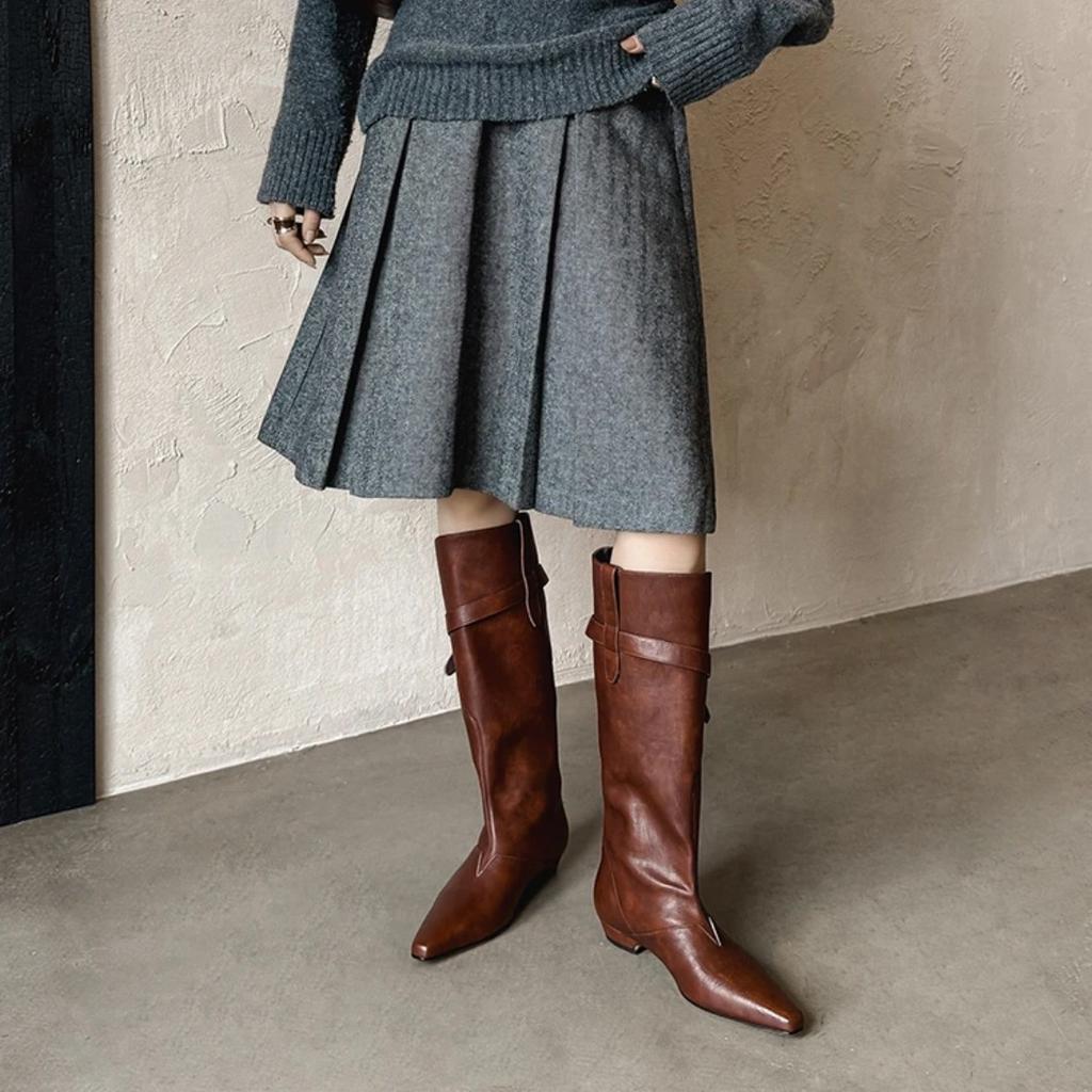 Brown Niche Design Sense But Knee Knight Boots Women's Autumn and Winter Thick Heel Temperament Belt Buckle Boots 2025 New