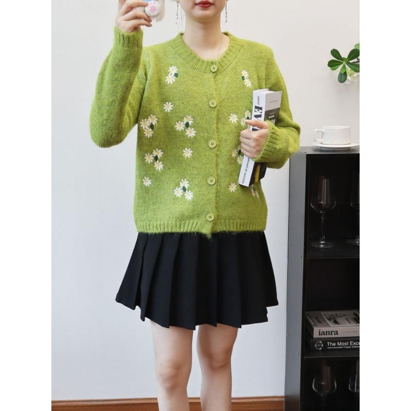 

Кардиган вязаный с вышивкой, с круглым вырезом, новый, осенне-зимний, свободный, милый, мягкий, ворсистый, нежный, куртка-свитер для женщин One Size зелёный