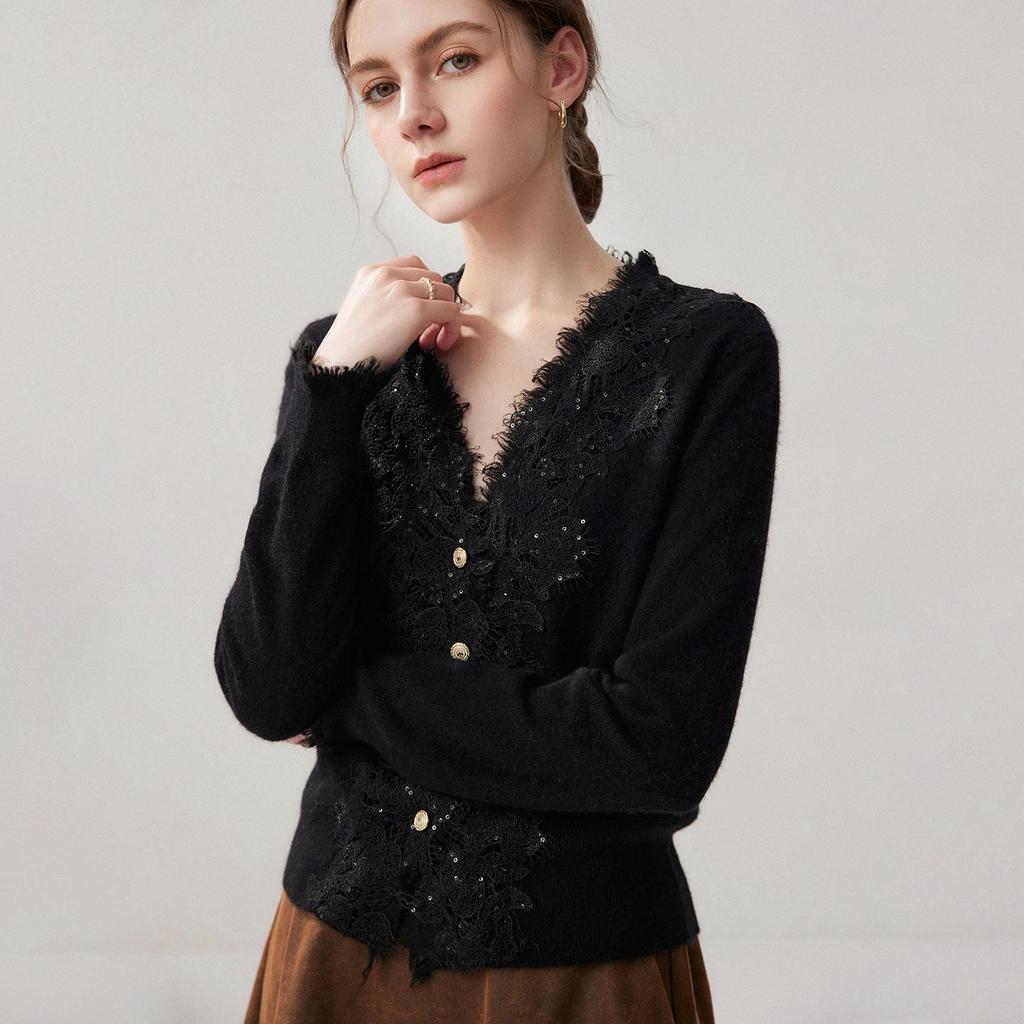 Women's Lace Beaded Trim V-neck Cashmere Cardigan - Loose Autumn/Winter Sweater Coat