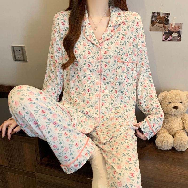 

Женская пижама с цветочным принтом, весенняя новинка, милый кардиган с лацканами, брюки с длинным рукавом, комплект домашней одежды из мятой ткани 2XL