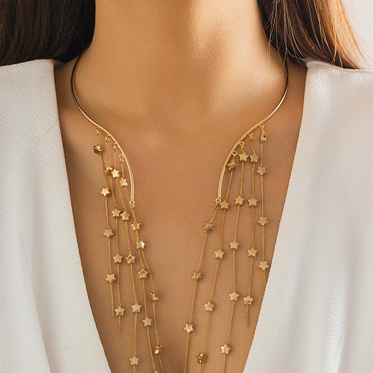 

Sexy Goth Long Tassel Sequin Imitation Pearl Choker Necklace for Women Vintage Open Torques Chest Chain Wedding Accessories