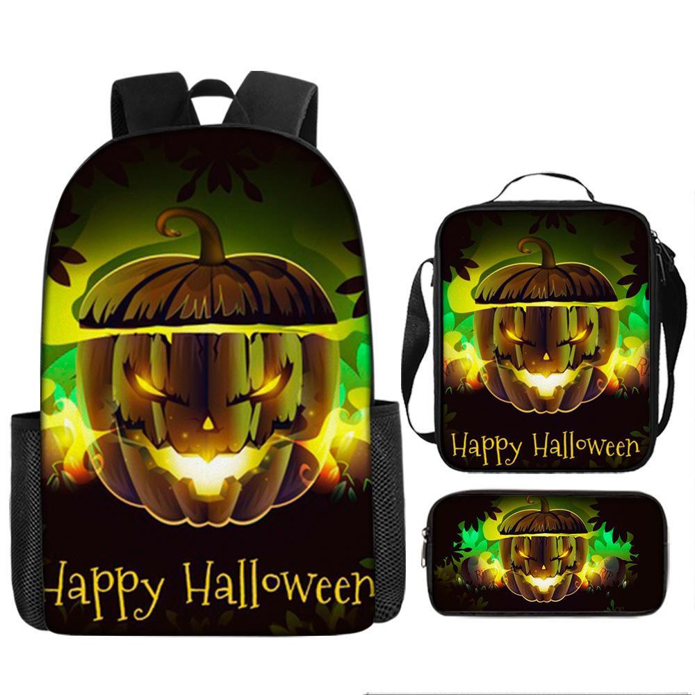 Halloween Backpack Pumpkin Ghost 3-Piece Set Schoolbag Kids Shoulder Bag Cute Bookbag for Boys Girls