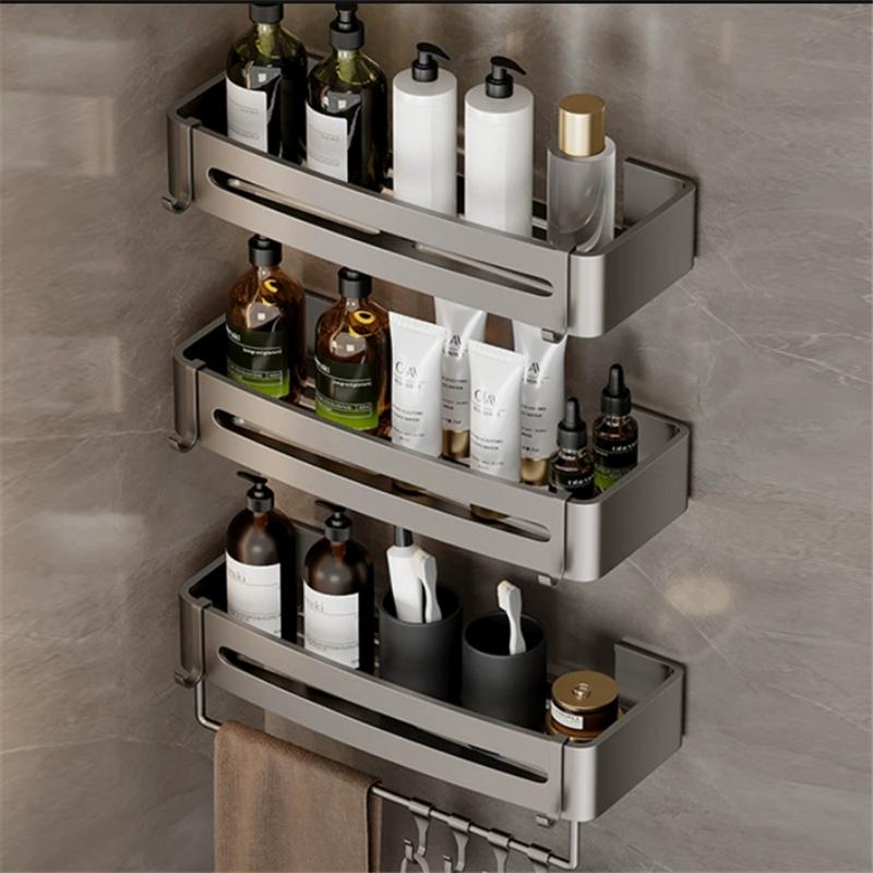 Bathroom Storage Holder Bath Shelf Bath Shower Shelf Aluminum SquareBathroom Corner Shelf Gray Aluminum Kitchen Storage Holder