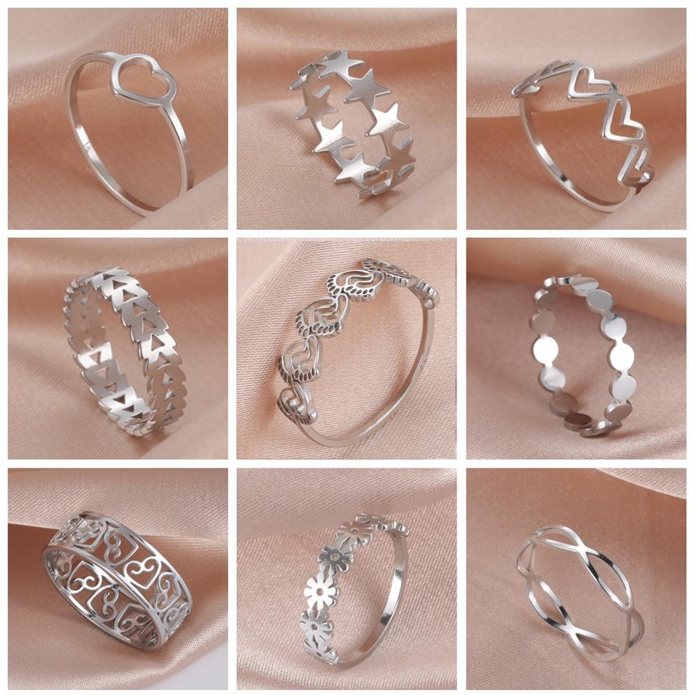 Stainless Steel Women's Ring Simple Heart Butterfly Moon Phase Geometric Finger Rings Wedding Gift for Lover