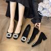 Premium autumn new black square head temperament low heel rhinestone high heels versatile commuter women's shoes