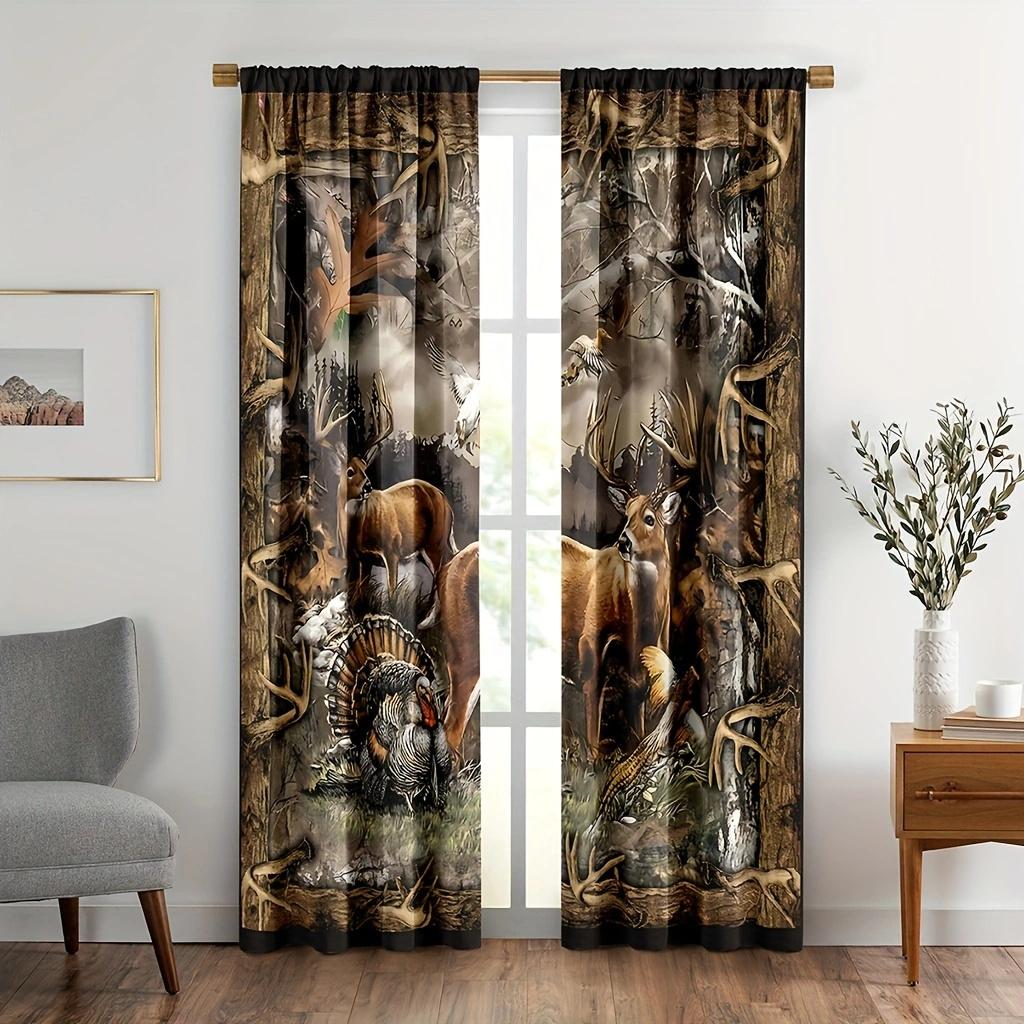 2pcs Rustic Cabin Deer Curtains for Bedroom, Vintage Country Farmhouse Fall Forest Wildlife Print Window Curtains