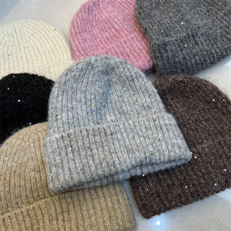 Simple Wool-blend Knitted Wool Hat Women's Fashionable Silver Sequined Ear Protectors Warm Cold Hat