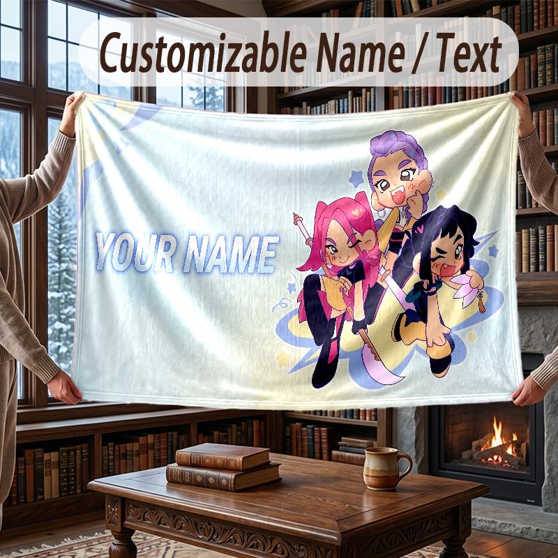 Custom Name Flannel Throw Blanket Kpop Demon Hunters Pattern Warm Home Decoration