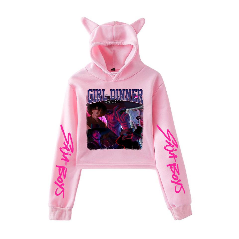 

KPop Demon Hunters Hoodies Women Cat Ears Short Hoodie Saja Boys HUNTR/X Rumi Mira Zoey Derpy Sweatshirt Y2k Girl Crop Tops XS рожевий