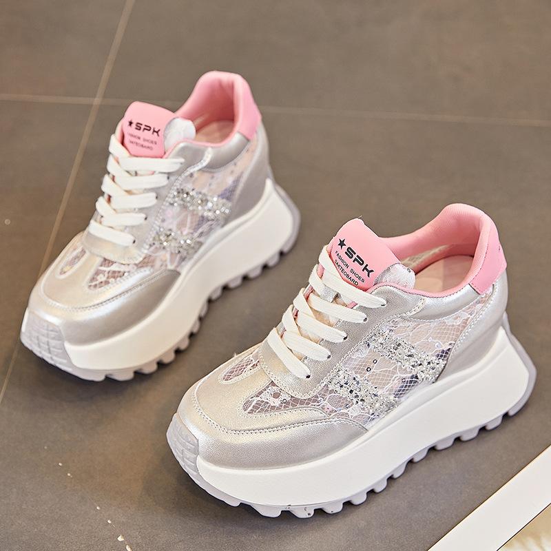 

Silver transparent net new leather color matching sports and leisure shoes small 8CM dad running shoes 39 рожевий