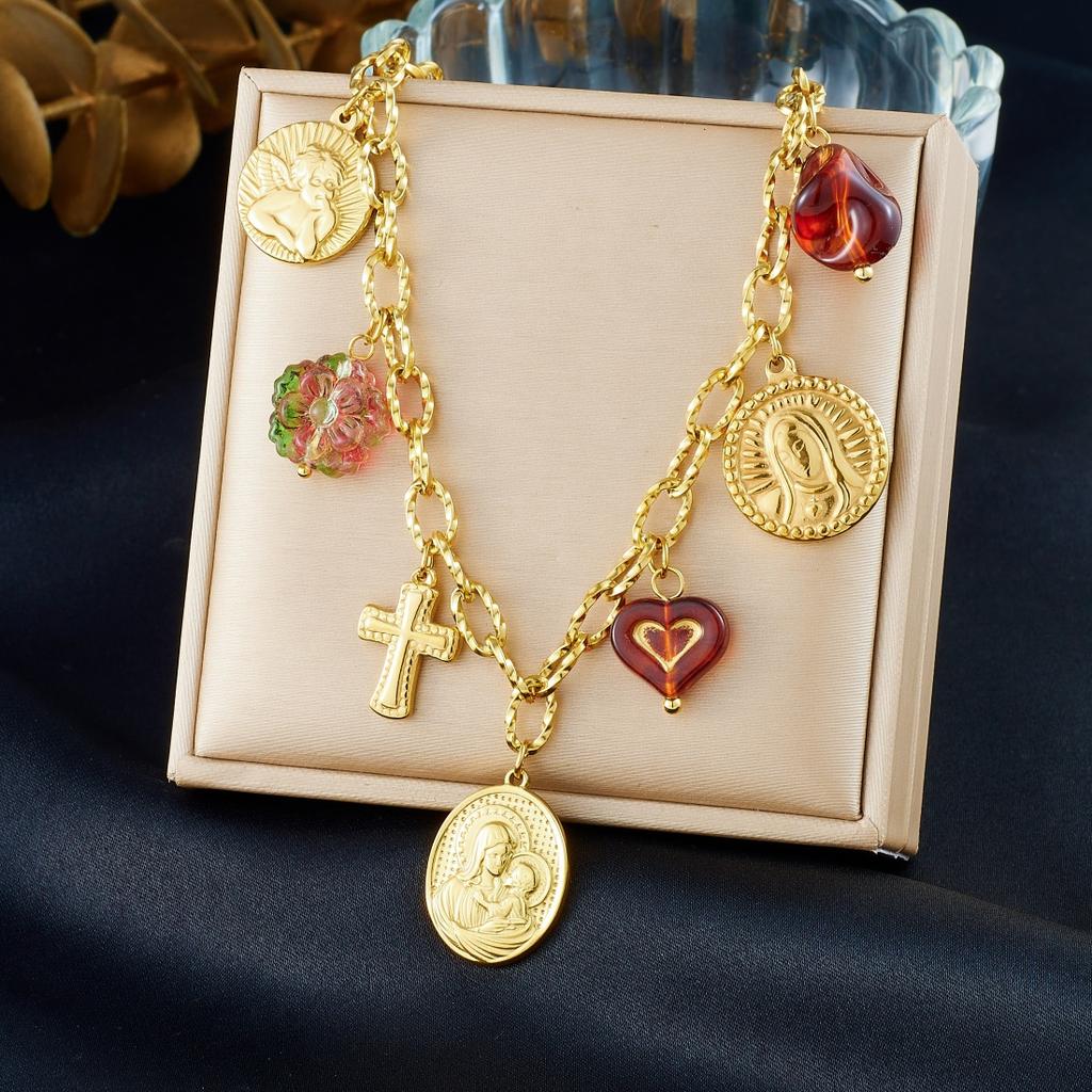 DIEYURO 316l Stainless Steel Vintage Portrait Angel Cross Flower Heart Charm Necklace Bracelet Set Lady Fashion Jewelry Gift