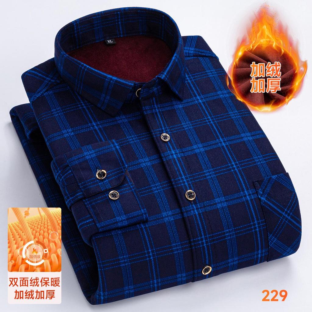 Thickened Long Sleeve Men's Shirt Winter Warm Elastic Fleece Lined One Piece Velvet Plaid Dad Clothes Middle Age Shirt