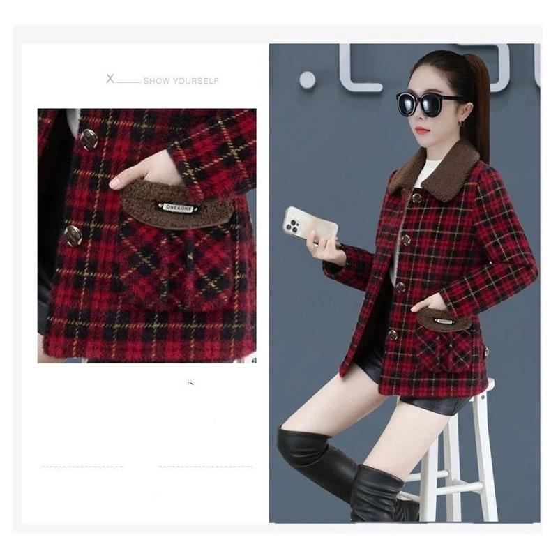 Women's Winter Plaid Woolen Coat With Fleece Lining Casual Lapel Button Jacket
