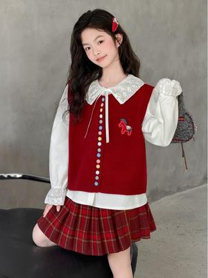 Girls' Korean Style Three-Piece Spring Set: Sweater Vest, Shirt, & Skirt (2026 Collection)