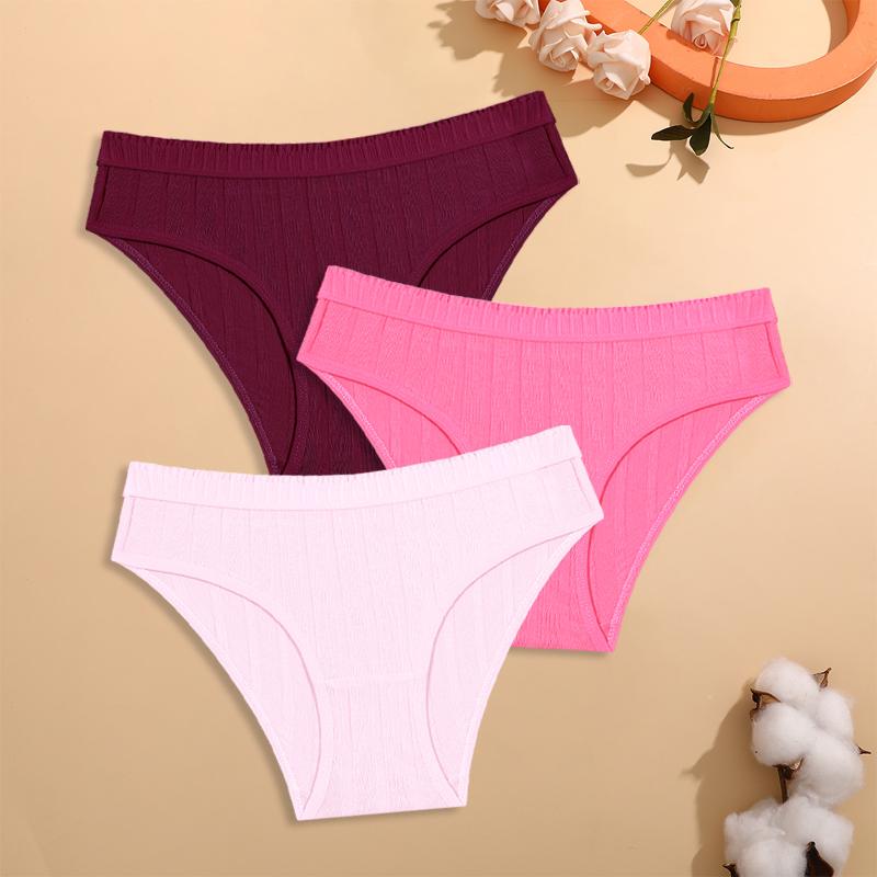 FINETOO 3Pcs/Set Cotton Striped Stretchy Underwear Women's Low Waist Panties Sexy Elastic Wide Belt Solid Color Briefs Comfort Lingerie