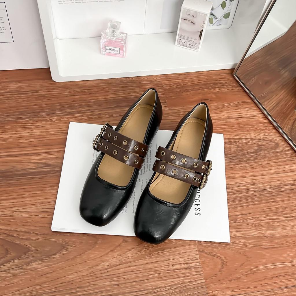 Grape mother spring new polished Mary Jane shoes women's French inner height increase double row one word with flat single shoes women
