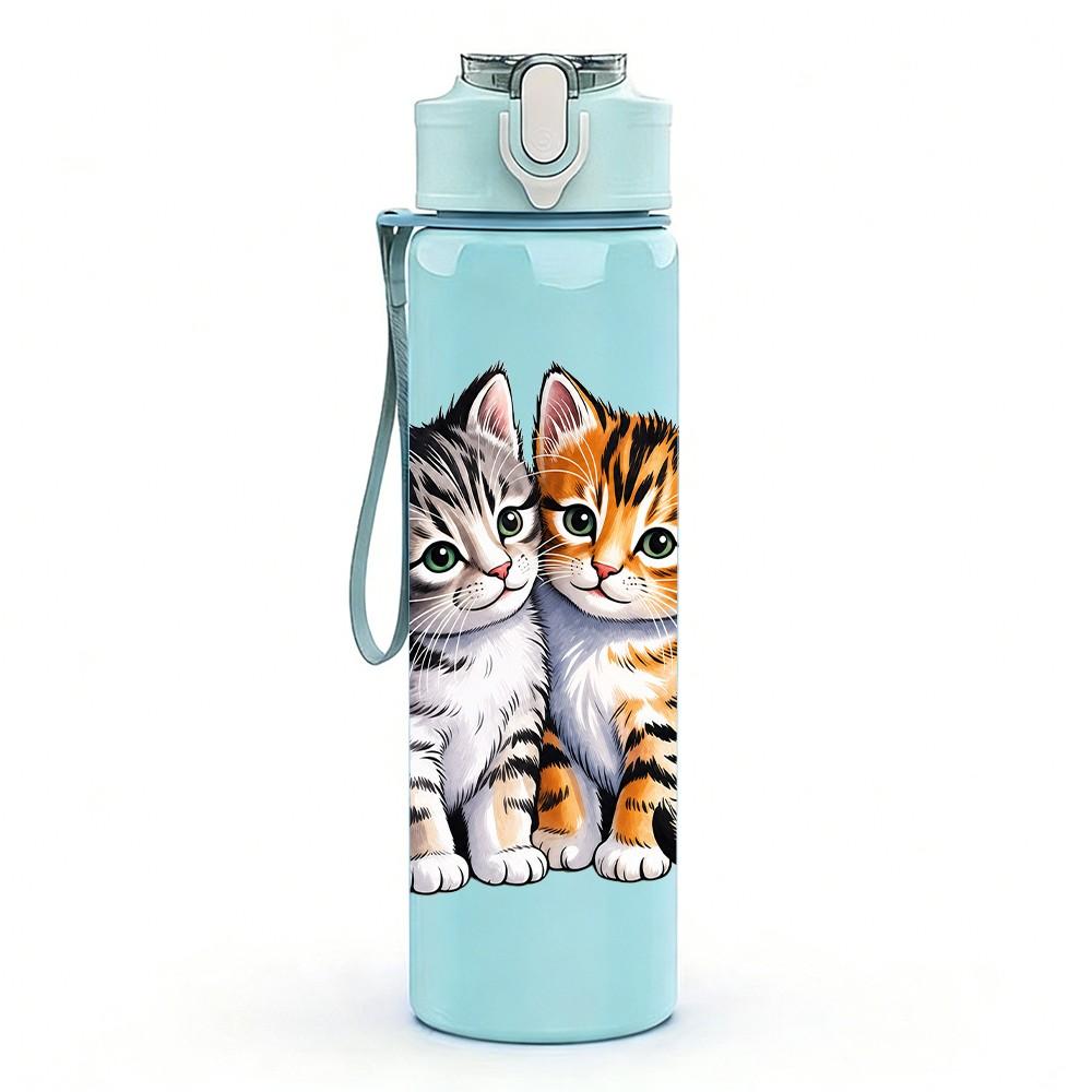 1PC Two Kittens Cute Pet Pattern 750ml Color Plastic Sports Water Bottle Leakproof Flip Straw Lid Suitable for Sports Office Home Use