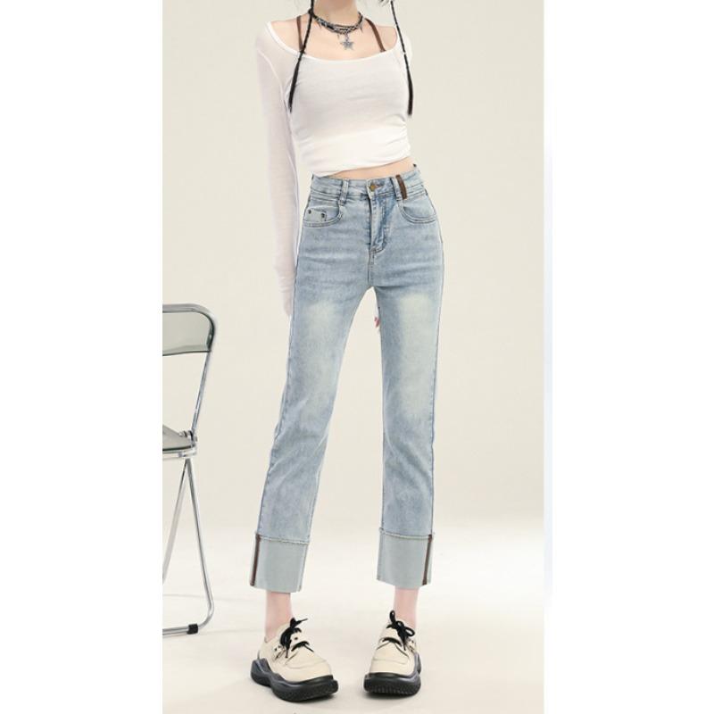Cement Grey Curly Cigarette Pipe Jeans for Women In Summer New High-waisted Small Nine-point Baguette Straight Trousers