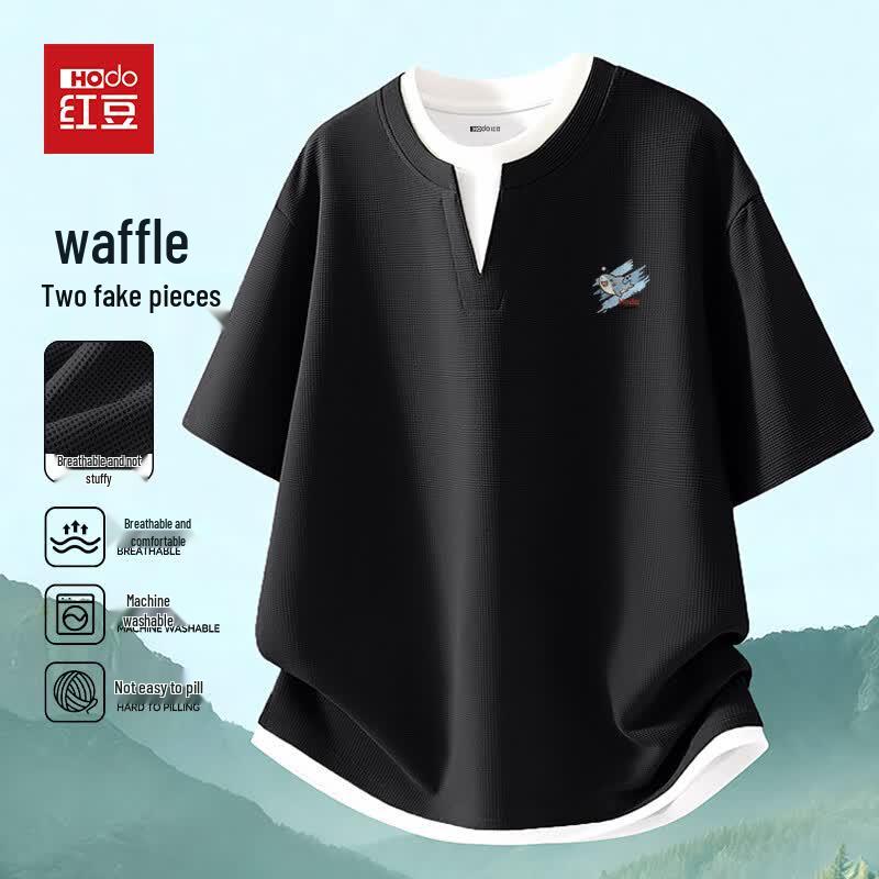 Hodo Men s Summer Waffle Faux Two-Piece Round Neck T-Shirt L