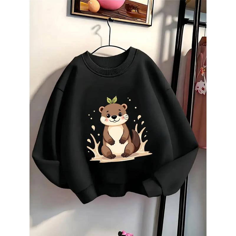 Girls' Crewneck Sweatshirt - Cute Otter with Leaf On Head Machine Washable, Spring And Autumn