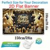 2D Happy Birthday Background Cloth Black Gold with Gift Boxes & Glitter Banner