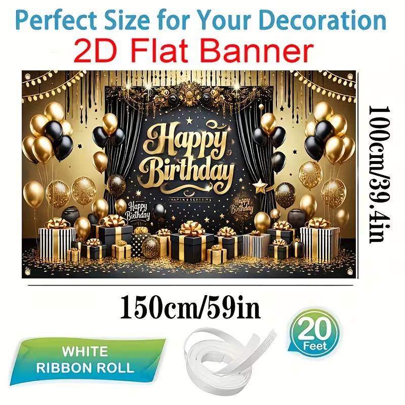 2D Happy Birthday Background Cloth Black Gold with Gift Boxes & Glitter Banner