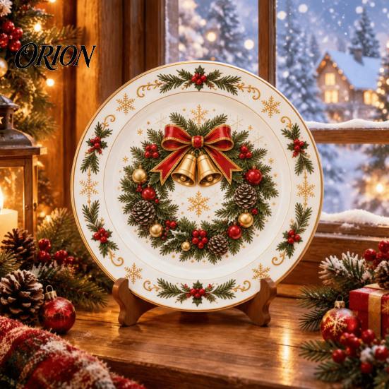 Round Plate Decor Wooden Christmas Plate, Santa Snowman Stocking Tree Bell Sleigh Dish Xmas Party Supplies Decor, Tabletop Ornament for Home