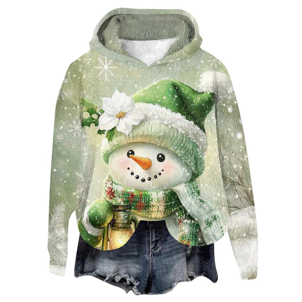 Women's Hooded Long Sleeve Christmas Printed Flannel Top Hooded Sweatshirt