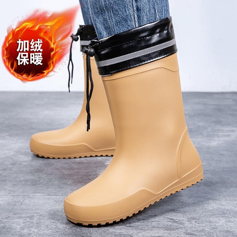 High-grade Medium Tube Flat-soled Rain Shoes Men's Water Shoes Waterproof Elastic Bundle Fixed Cotton Lint Rain Boots Waterproof Rubber Shoes