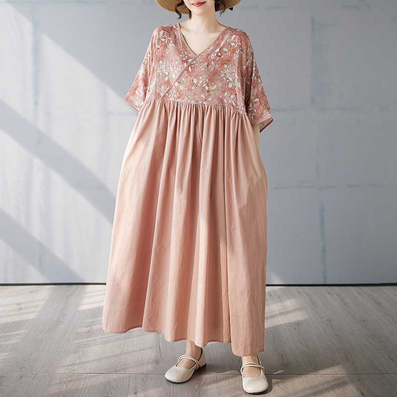 Cotton and Linen Summer Patchwork Retro Style Dress Long Skirt