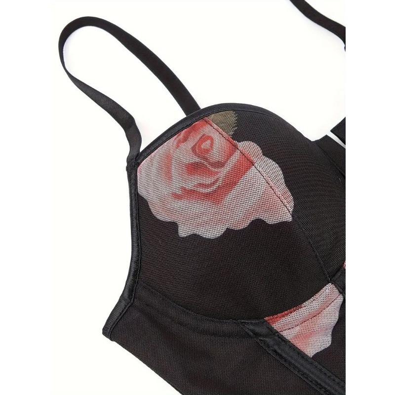 Mesh Rose Print Front Hook Corset Top Spaghetti Strap Bustier Crop Top for Women